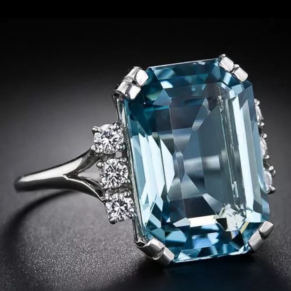 Blue 925 sterling silver plated ring sz 7 emerald cut